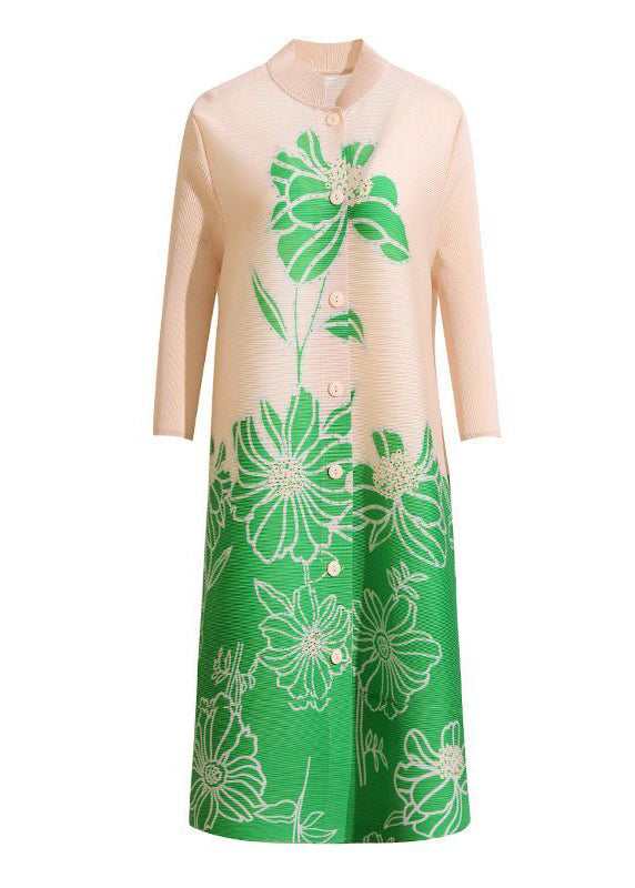 Style Green Stand Collar Print a Line Dresses Bracelet Sleeve