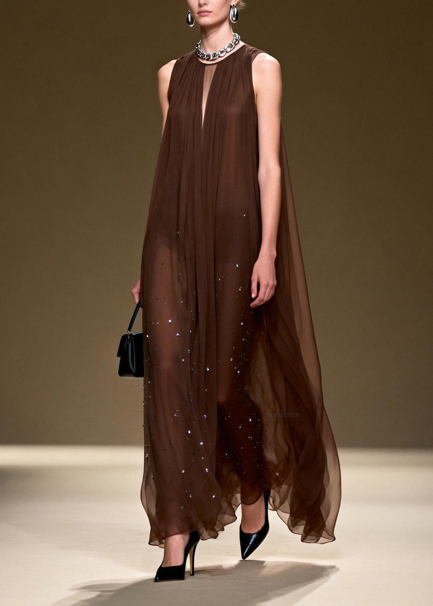 Style O Neck Wrinkled Zircon Chiffon Long Dresses Sleeveless