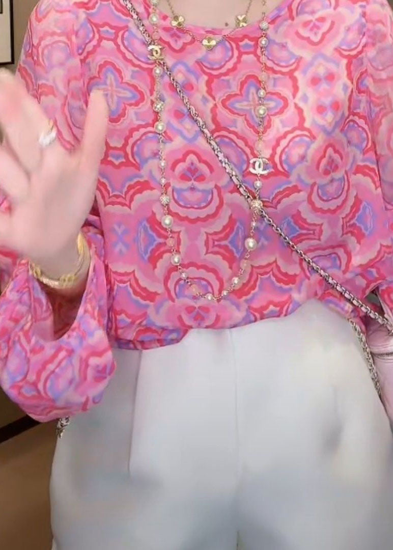 Style Pink O-neck Print Patchwork Chiffon Tops Bracelet Sleeve