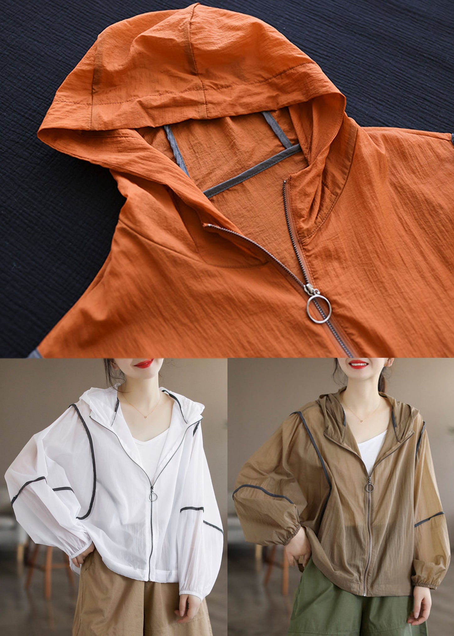 Style White Hooded Zippered Cotton Upf 50+ Coat Jacket Long Sleeve