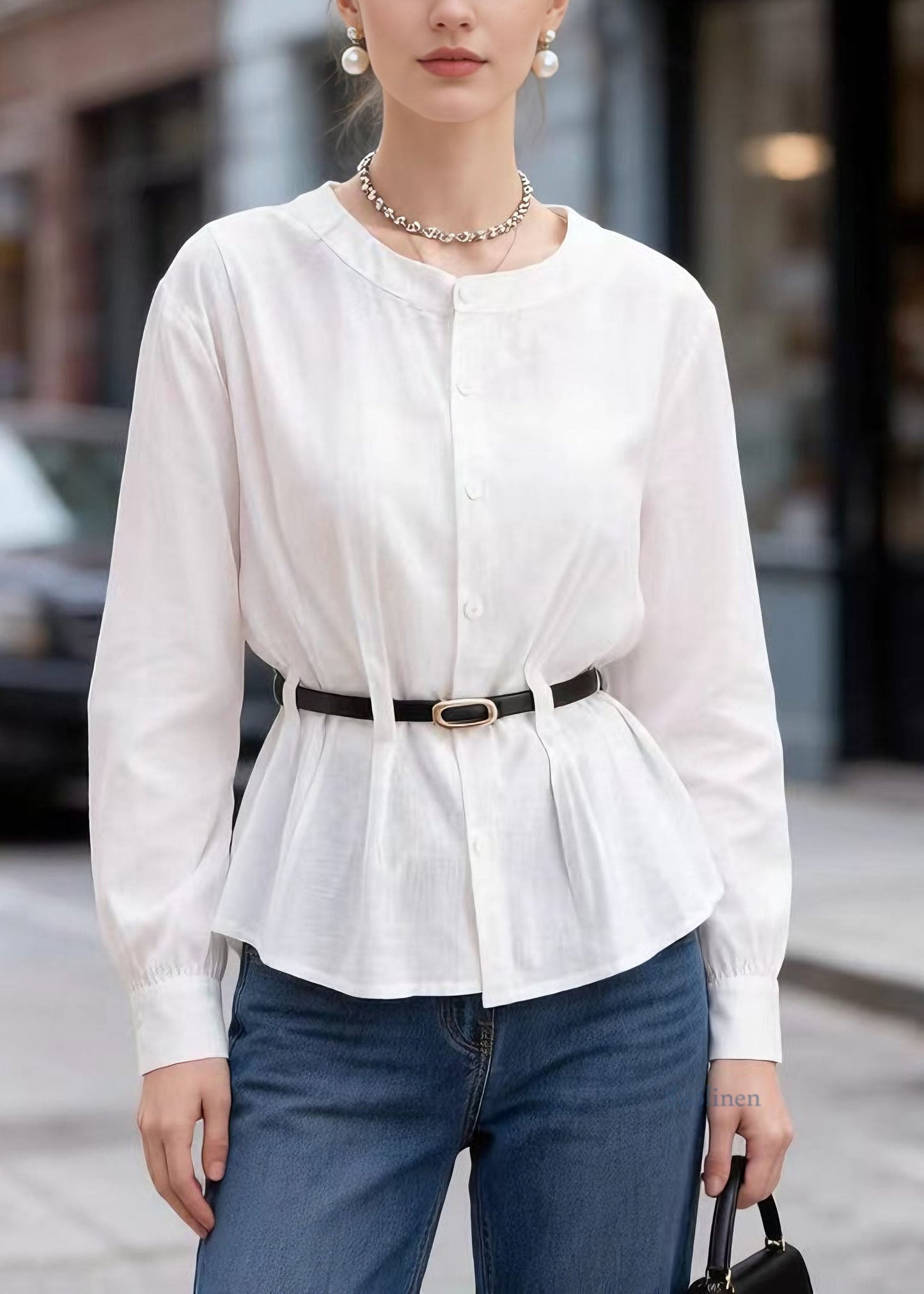 Style White O Neck Button Sashes Cotton Top Spring