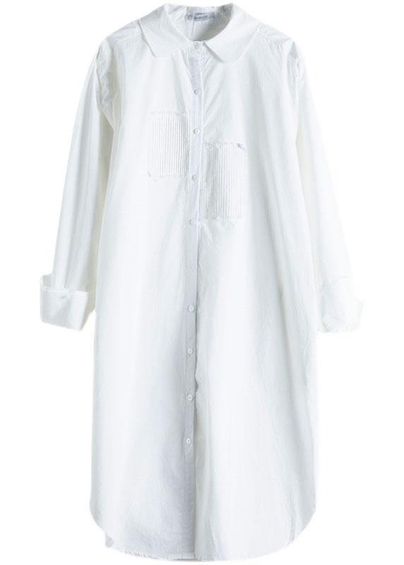 Style White PeterPan Collar Pockets Button Fall Asymmetrical Design Shirt Tops Long Sleeve
