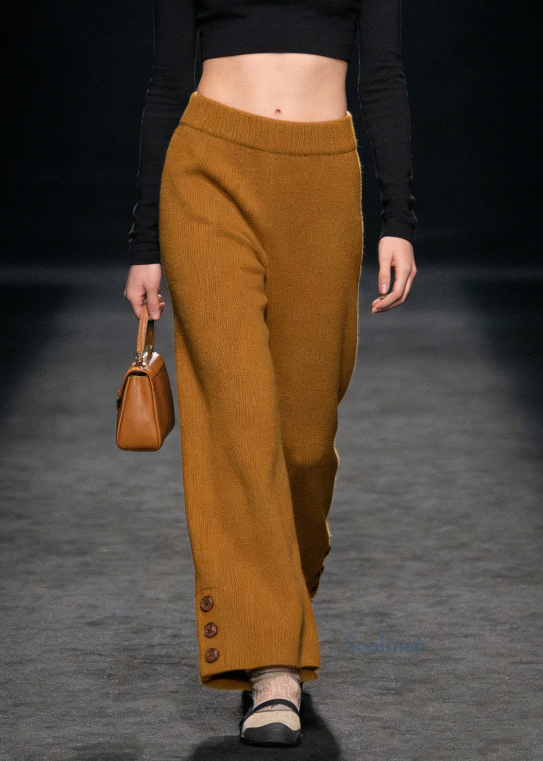 Style Yellow Button High Waist Knit Pants Spring
