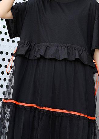 Style Black Cotton Tunic Dress Patchwork Tulle Dresses Ruffles Dress