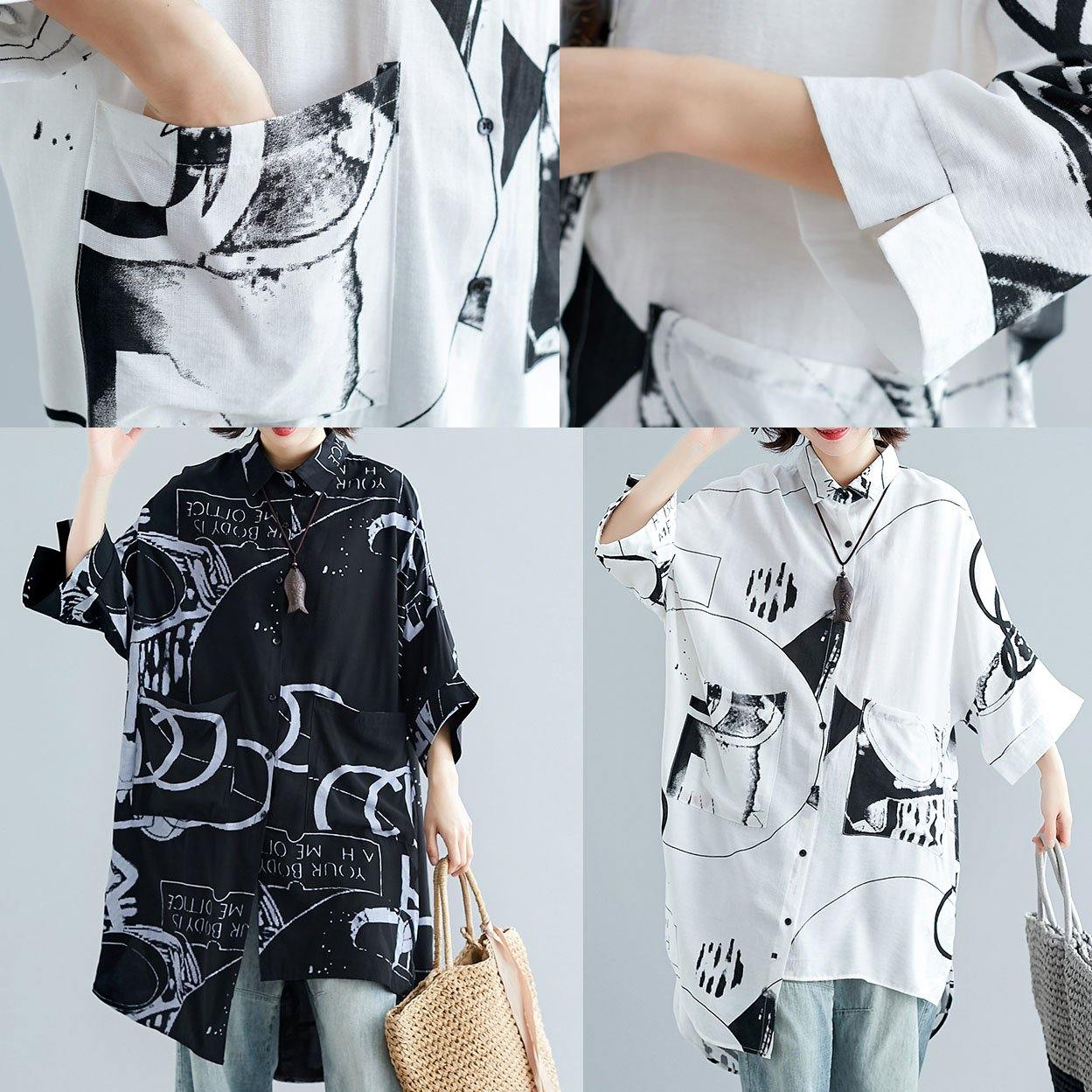 Style Black Prints Cotton Clothes for Lapel Collar Dresses Summer Tops