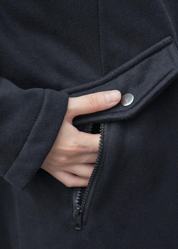 Style Black Fine Coats Hooded Drawstring Fall Outwear