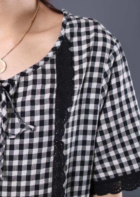 Style Black White Plaid Cotton Tunic Patchwork Ruffles Cotton Summer Dress