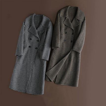 Style Chocolate Plaid Coat Outfits Notched Double Breast Jackets