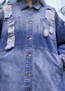 Style Denim Blue Patchwork Fine Tunics for Fabrics Ripped Fall Jackets