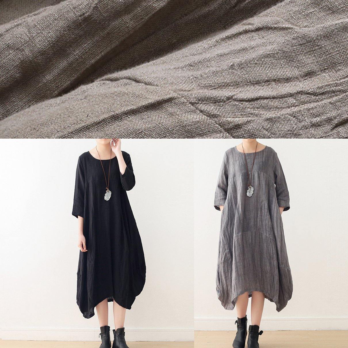 Style Gray Linen Clothes for O Neck Asymmetric Dress