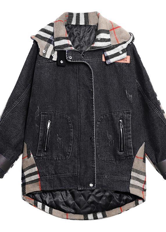 Style Hooded Patchwork Tunics for Denim Blue Clothing Outwear