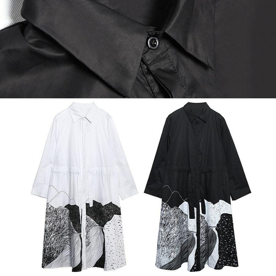 Style Lapel Patchwork Cotton Wardrobes Tunic Tops Black Print Maxi Dresses