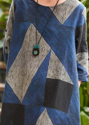 Style O Neck Patchwork Robes Work Blue Gray Print Dress Summer