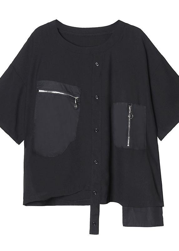 Style O Neck Patchwork Cotton Summer Tunic Pattern Black Shirts