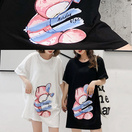Style Short Sleeve Cotton Tunic Pattern Stitches Sewing Black Print Dress Summer