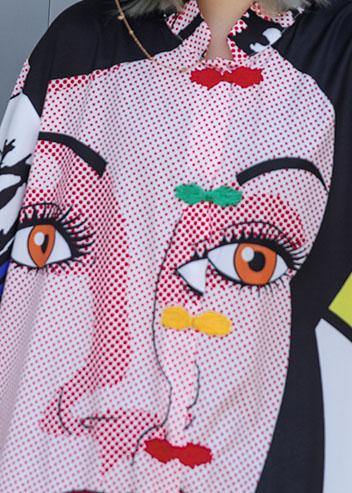 Style Stand Collar Cotton Dress Sewing Pink Cartoon Print Dresses Summer