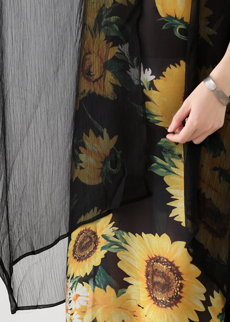 Style Yellow Print Chiffon Clothes Neckline O Neck False Two Pieces Art Summer Dress