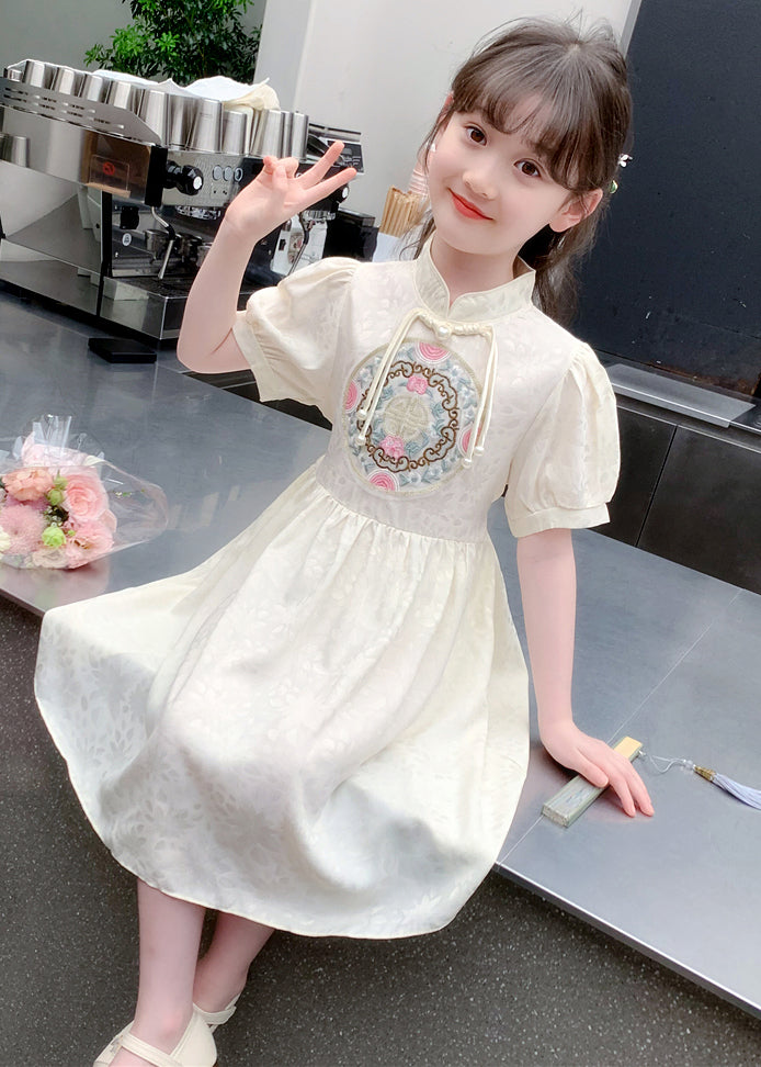 Stylish Apricot Embroideried Patchwork Button Long Dress Summer