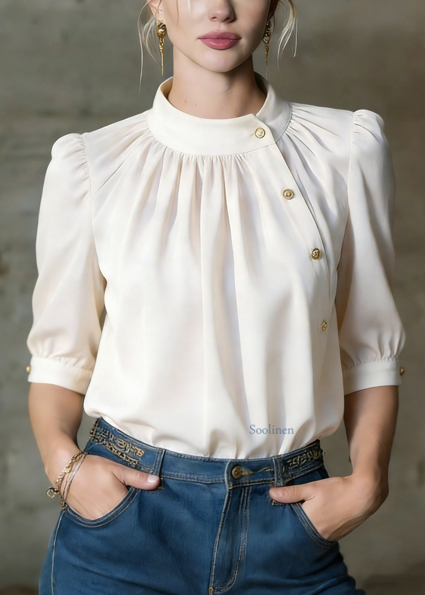 Stylish Apricot O-neck Button Silk Shirts Summer