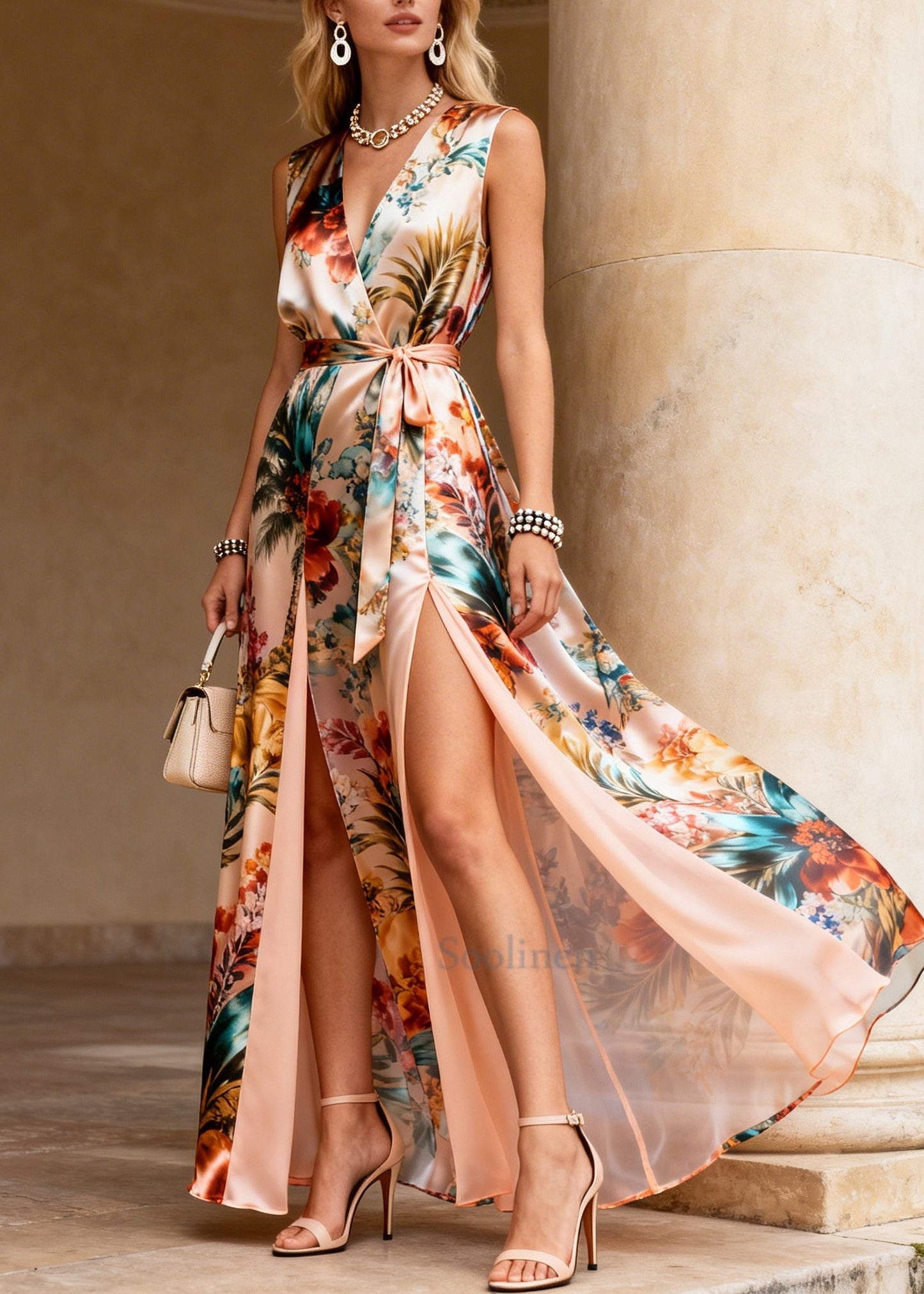 Stylish Apricot Print Side Open Chiffon Party Dress Sleeveless