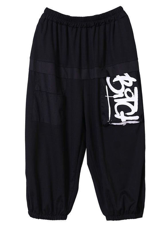 Stylish Black Elastic Waist Pockets Letter Print Cotton Harem Pants Summer