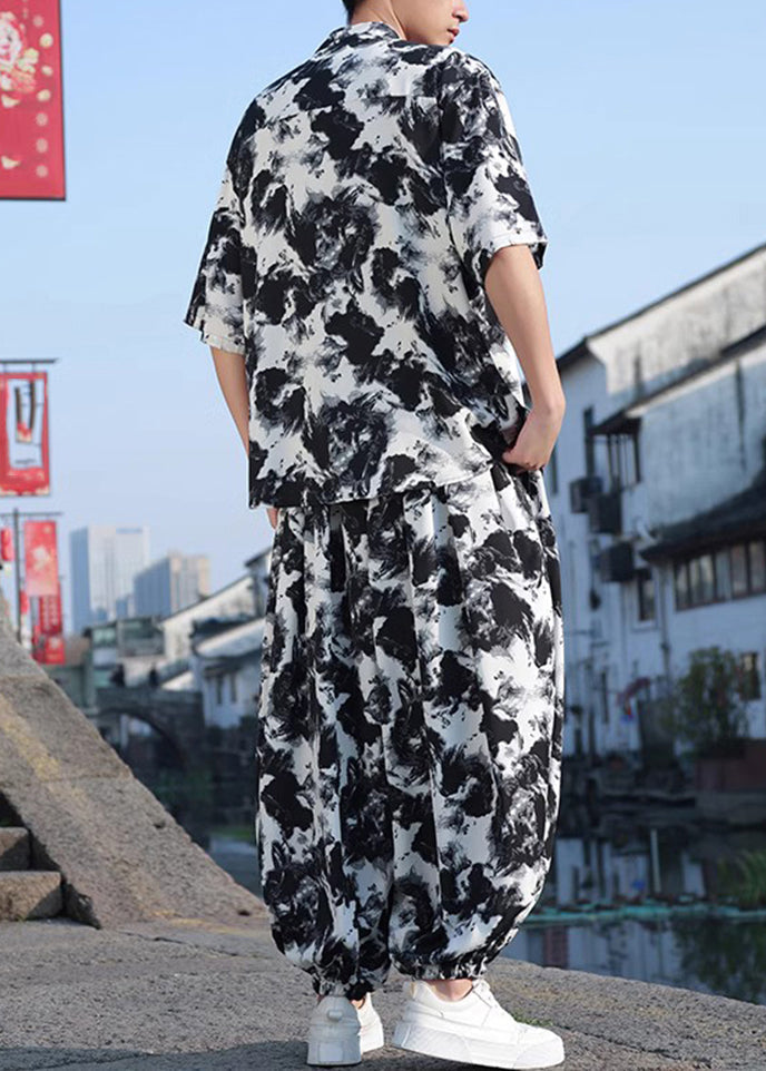 Stylish Black Print Button Ice Silk Shirt and Lantern Pants Two Piece Set Short Sleeve