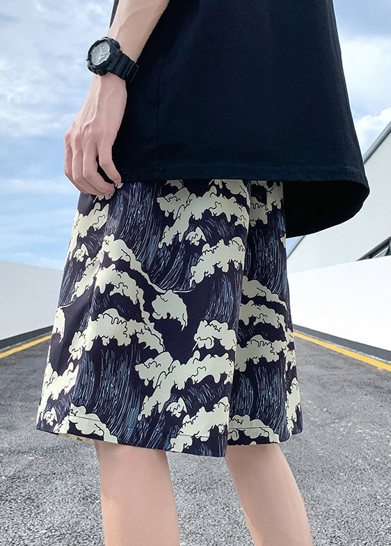 Stylish Black Print Elastic Waist Ice Silk Shorts Summer
