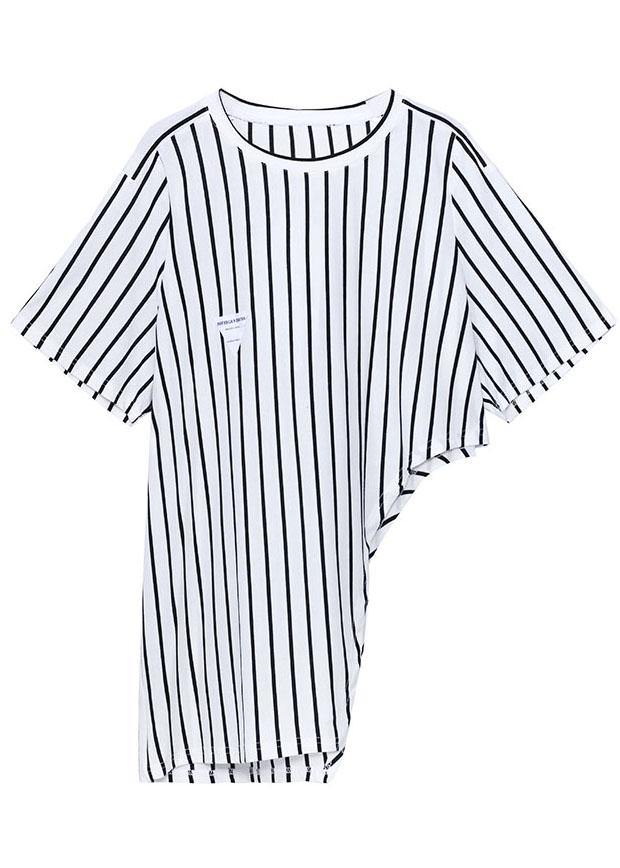 Stylish Black Striped Summer Asymmetrical Design Short Sleeve Tops