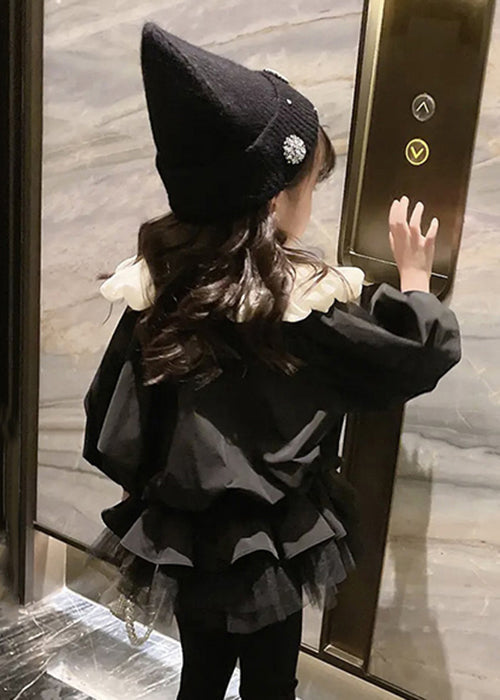 Stylish Black Wrinkled Tulle Patchwork Cotton Coats Puff Sleeve