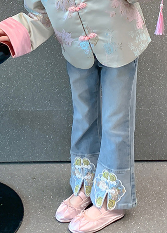 Stylish Blue Embroideried Patchwork Pockets Denim Pants