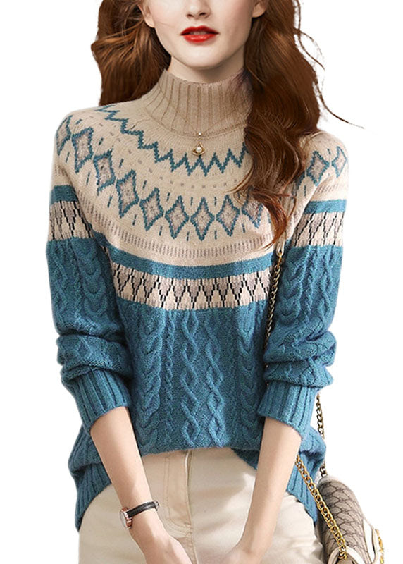 Stylish Blue High Neck Print Wool Cable Knit Sweaters Winter