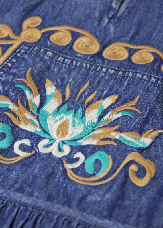 Stylish Blue O-neck Cinched Embroideried Cotton Denim Dresses Butterfly Sleeve