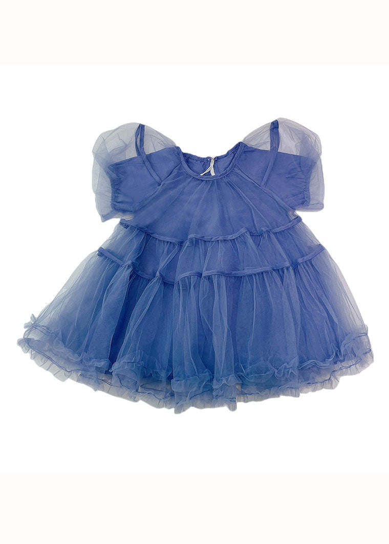 Stylish Blue O-neck Ruffled Patchwork Tulle Kids Dresses Summer