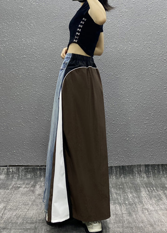 Stylish Blue Pockets Striped Patchwork Denim Skirts Spring