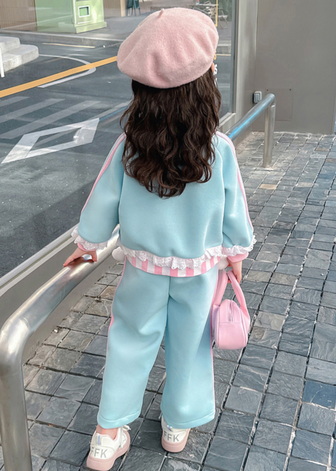 Stylish Blue Ruffled Patchwork Kids Coats and Straight Pants Two Pieces Set Spring