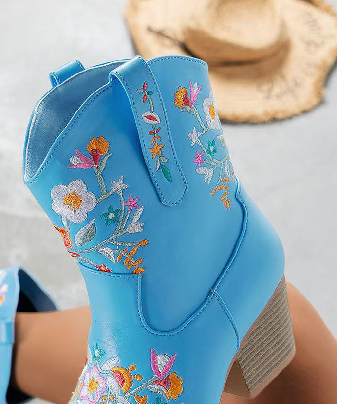 Stylish Blue Chunky Faux Leather Ankle Boots Embossed