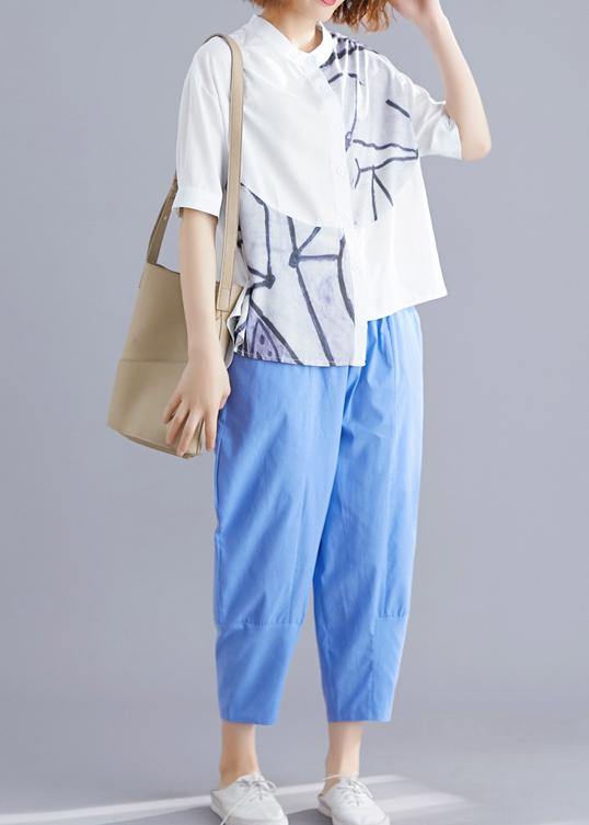 Stylish Blue Summer Print Asymmetrical Design Top