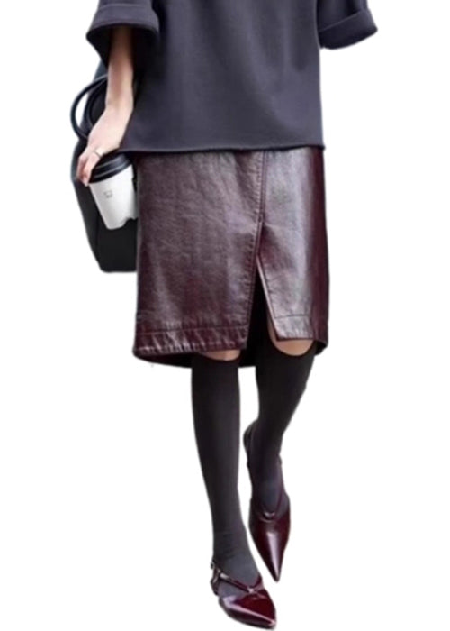 Stylish Coffee Front Open High Waist Faux Leather Skirts Spring