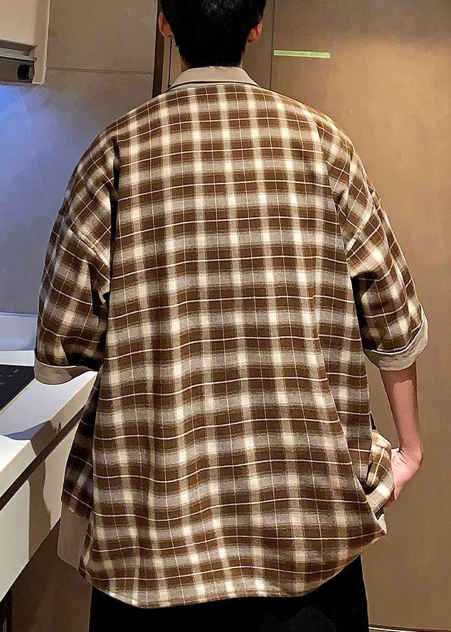 Stylish Coffee Plaid Button Cotton Shirts Summer