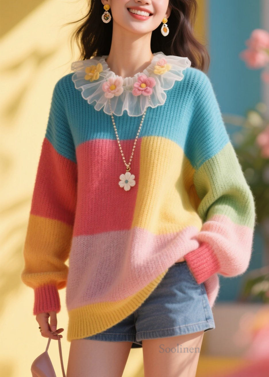 Stylish Colorblock Tulle Ruffled Knit Sweater Fall