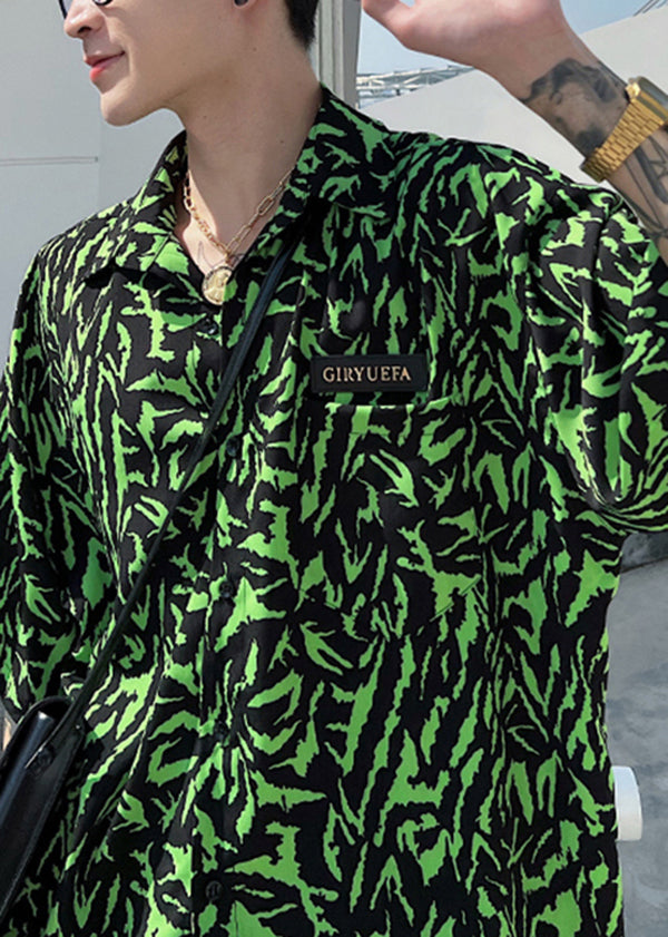Stylish Green Peter Pan Collar Print Hawaiian Shirts Summer