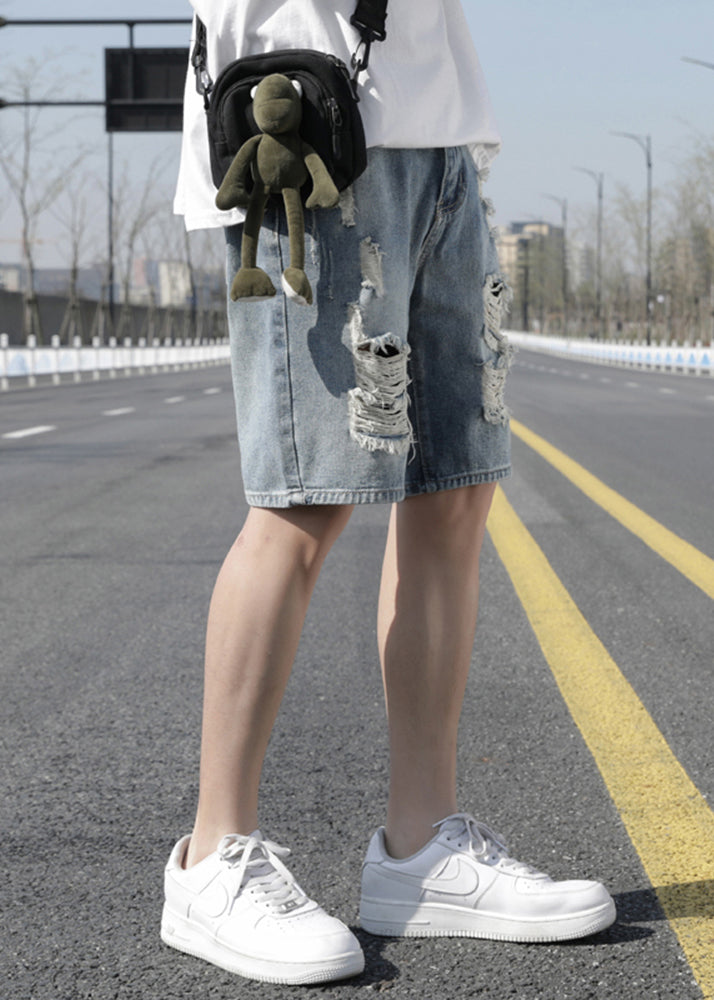 Stylish Light Blue Hole High Waist Denim Shorts Summer