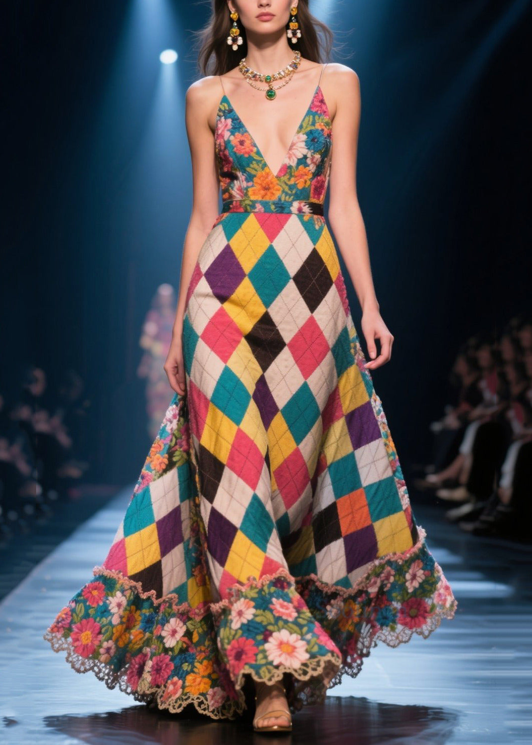 Stylish Multicolour Plaid Patchwork Exra Large Hem Long Dresses Summer