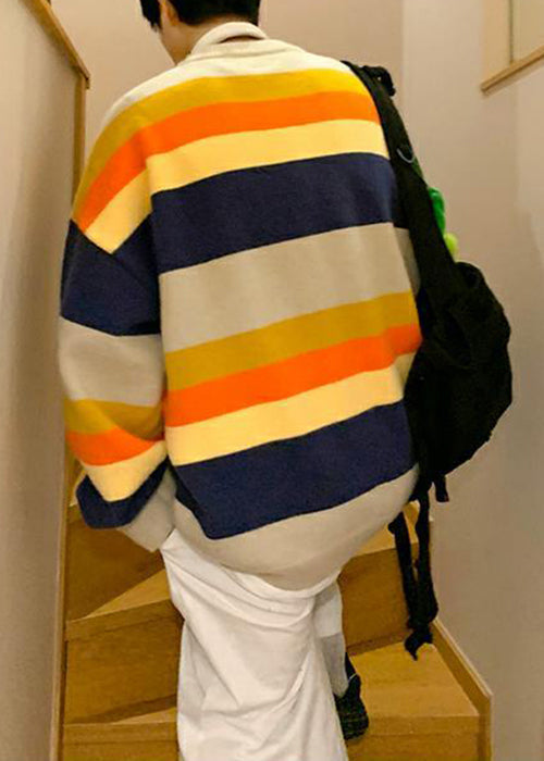 Stylish Navy Striped Embroideried Knit Sweater Fall