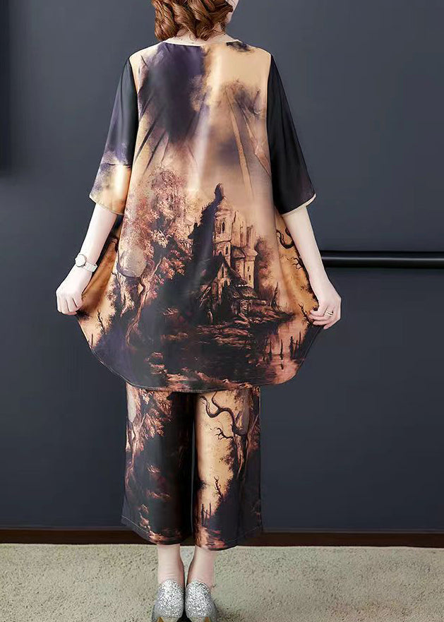 Stylish Original Colorblock O-neck Print Silk Tops and Wide Leg Pants Two Piece Set Half Sleeve