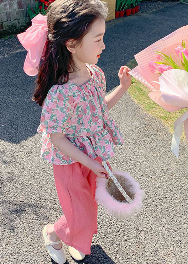 Stylish Pink Print Tops and Pants Cotton Baby Two Pieces Set Summer