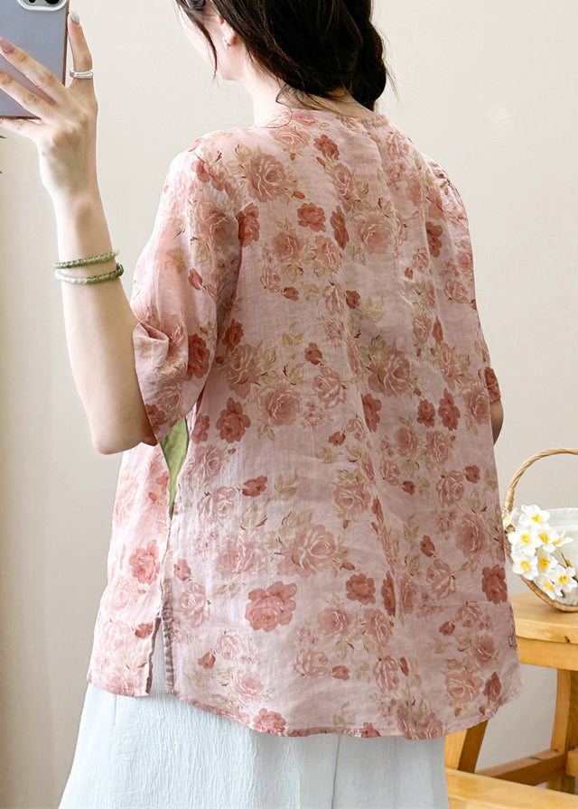 Stylish Print O-neck Ramie T Shirt Short Sleeve