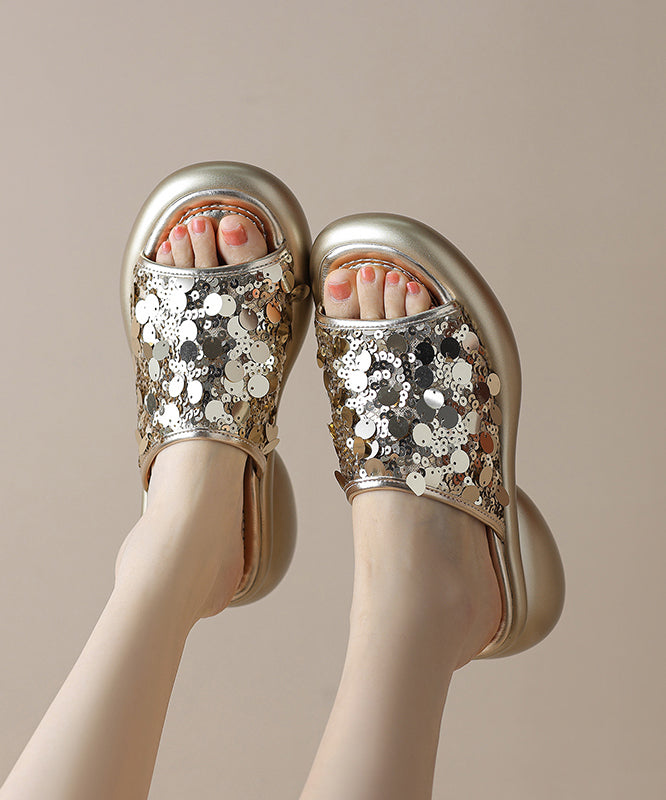 Stylish Splicing Platform Gold Sequins Slide Sandals Peep Toe