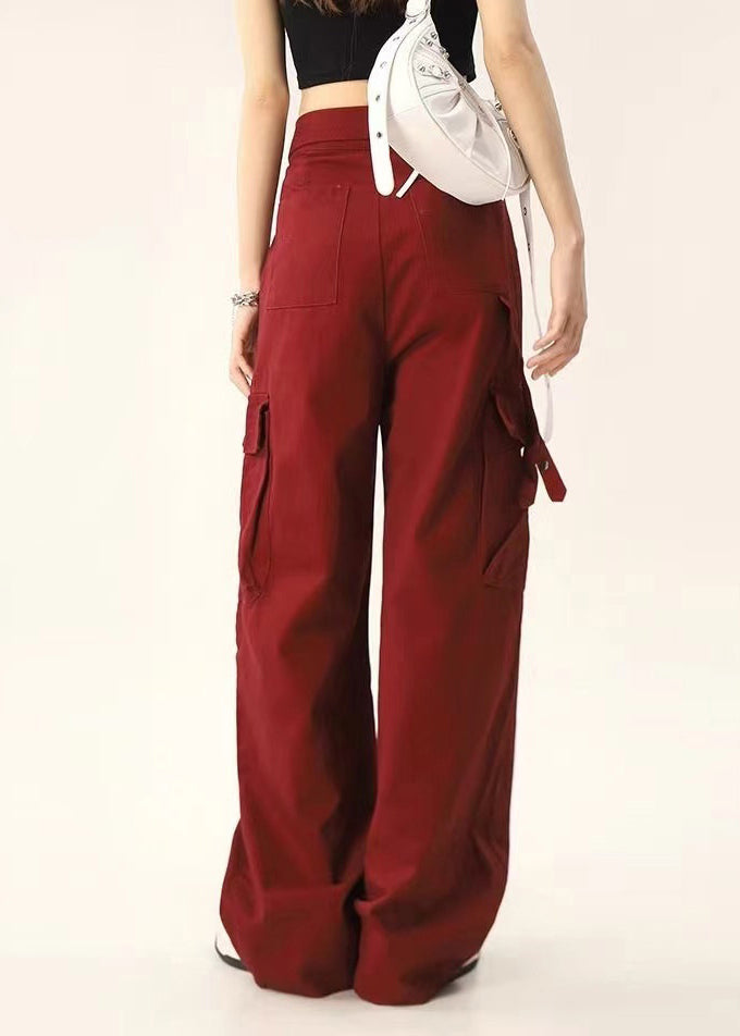 Stylish Red Pockets High Waist Denim Pants Spring