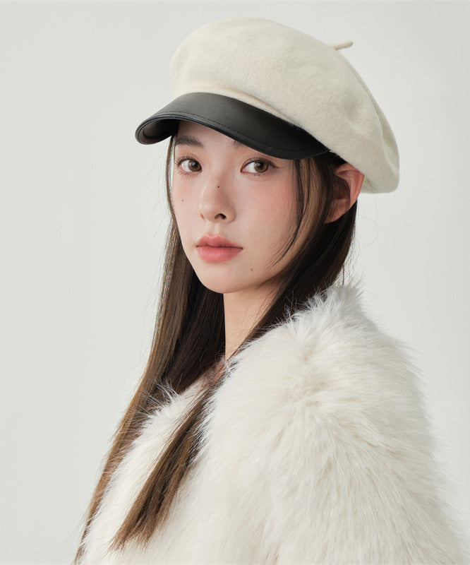 Stylish White Patchwork Woolen Beret Hat